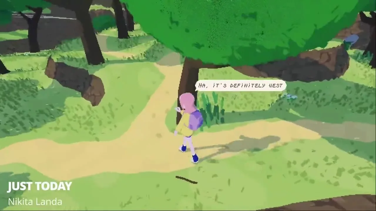 A girl in a yellow jacket walks a path through green trees.